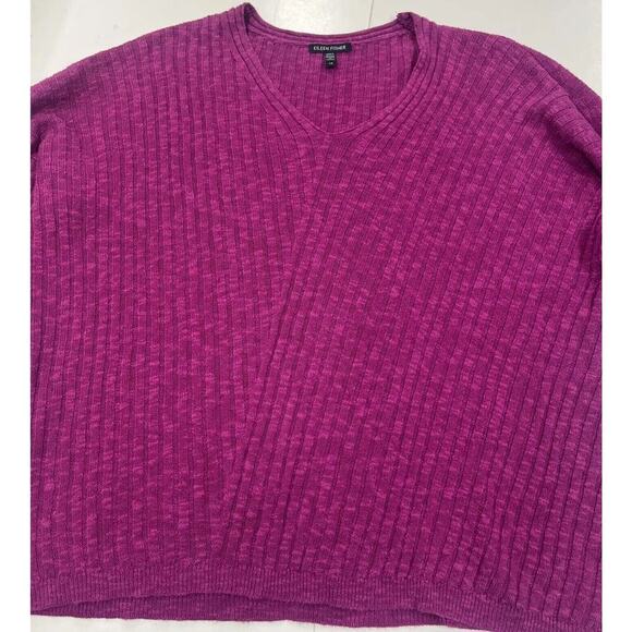 EILEEN FISHER Sweater Sz Large Silk Blend Ribbed Fushia Pink Pullover Lagenlook - Picture 4 of 10